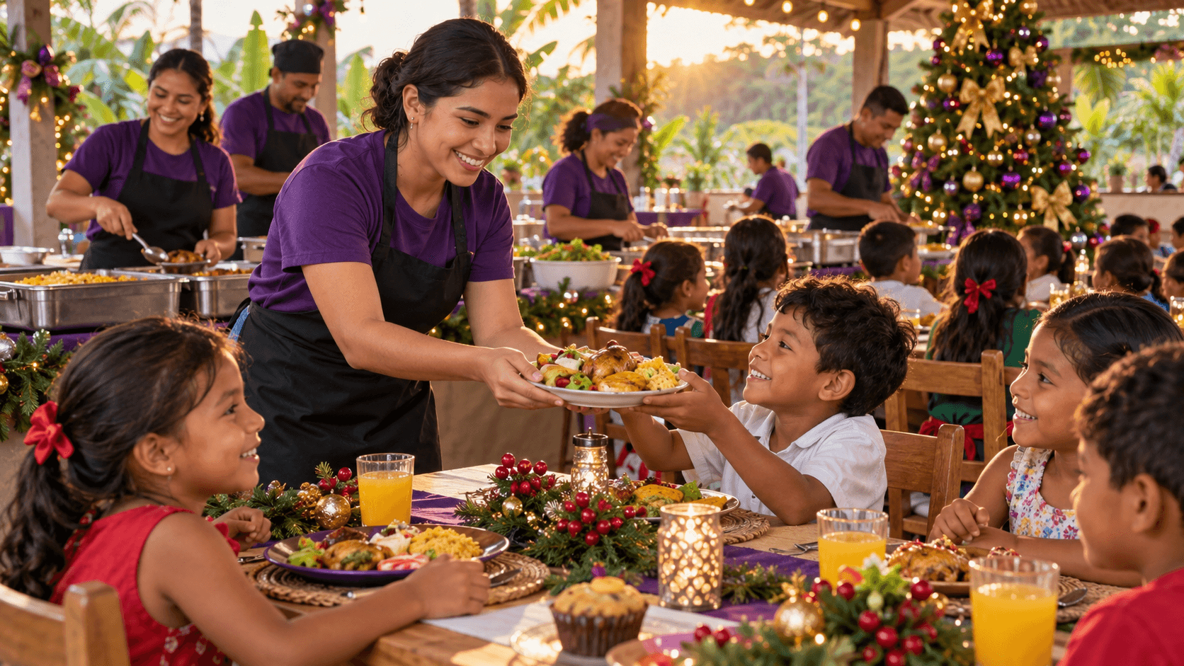 Niños y familias compartiendo la comida navideña en Cerecita