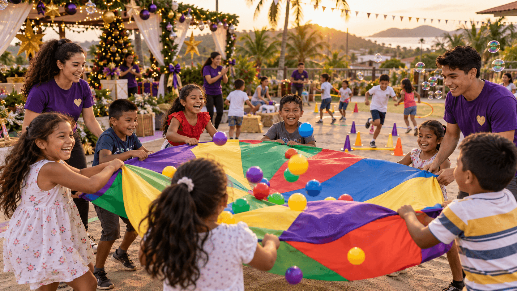 Niños participando en juegos y actividades recreativas durante el agasajo navideño