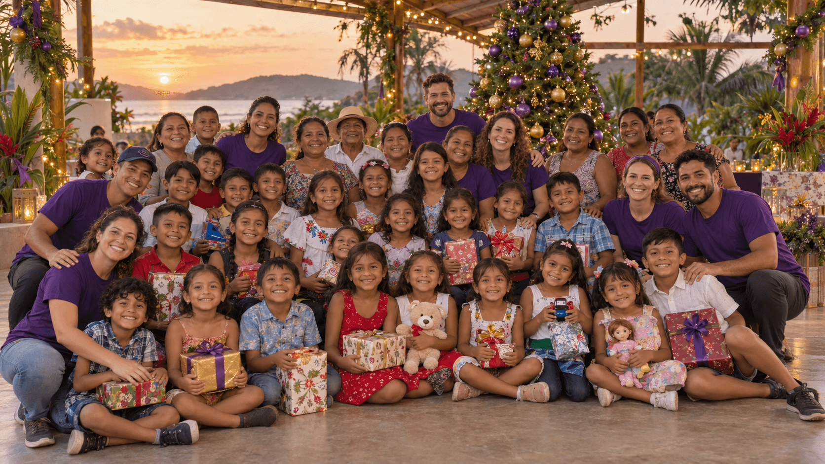 Celebración grupal de niños, familias y voluntarios durante el agasajo navideño en Cerecita